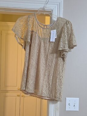 Beige Lace Flutter Sleeve Blouse